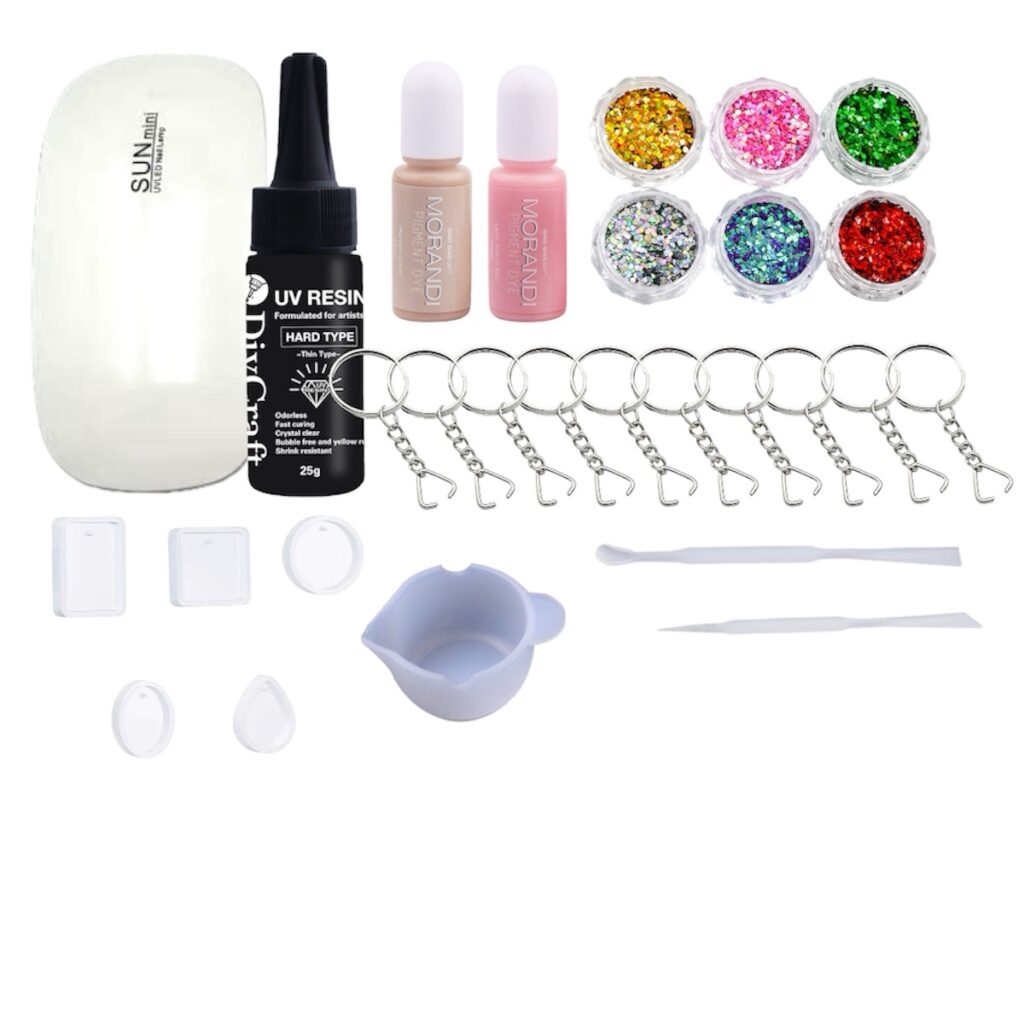 Kit Llaveros Inicial Resina UV Pigmentos Glitter Cabina